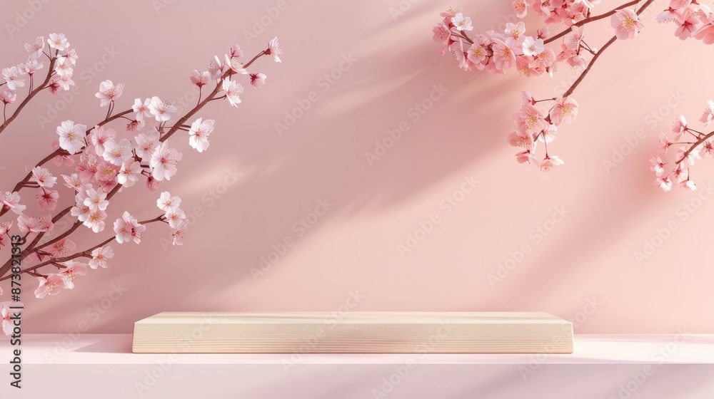 Modern rectangular wooden podium set against a soft pink background with cherry blossom branches. The elegant design is perfect for cosmetic or product displays Modern rectangular wooden podium set against a soft pink background with cherry blossom branches. The elegant design is perfect for cosmetic or product displays