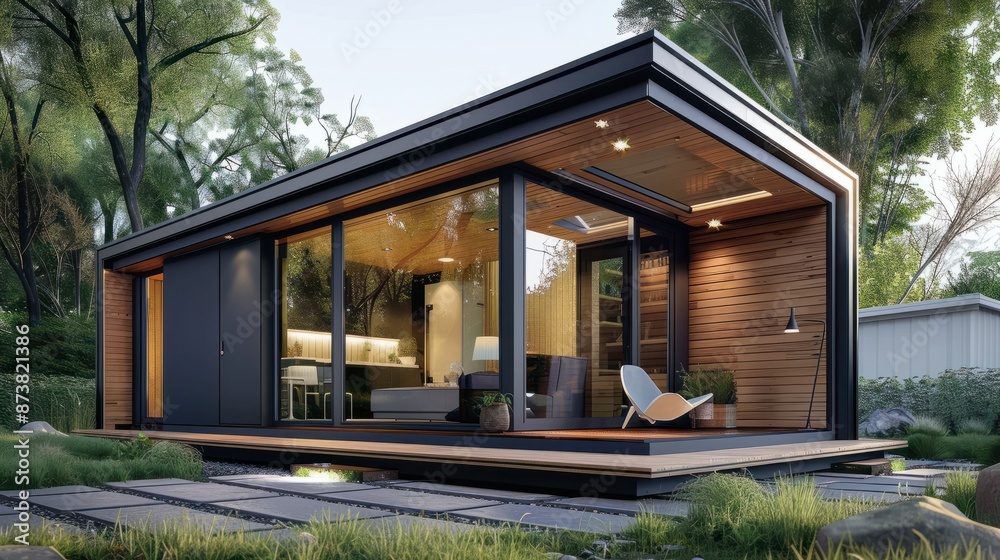 Fototapeta premium Modern tiny house with a sloped roof and a wooden exterior. The small structure has large glass sliding doors, providing a glimpse into a cozy interior.