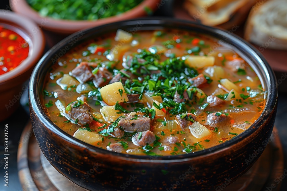 A bowl of rassolnik, a sour soup made with pickles, barley, and meat, garnished with fresh herbs. A bowl of rassolnik, a sour soup made with pickles, barley, and meat, garnished with fresh herbs.