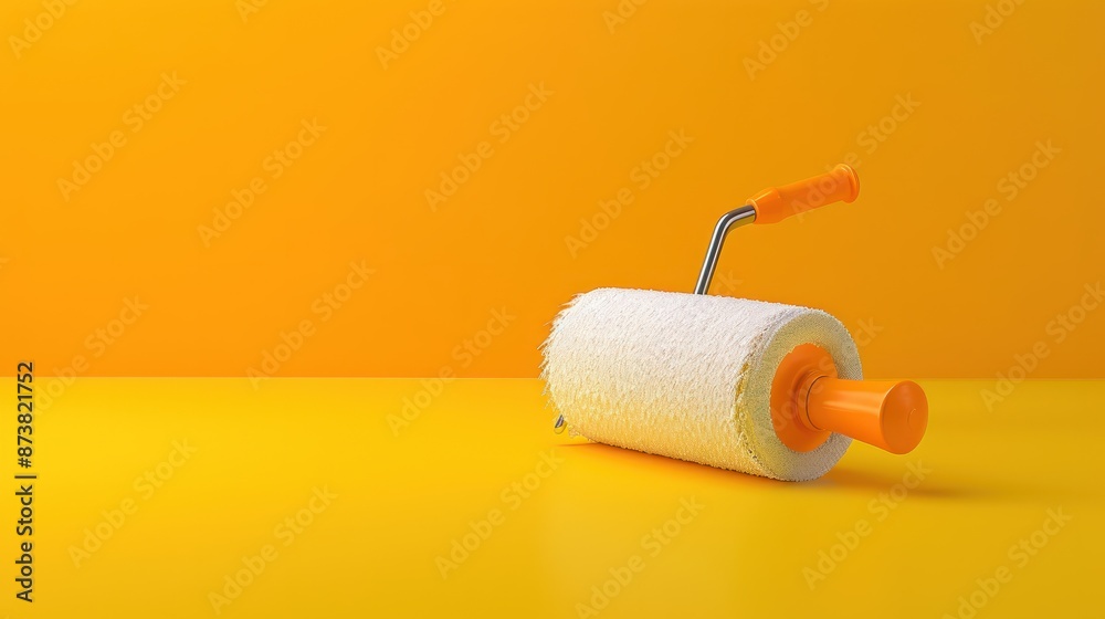 Obraz premium Roll of white paint and orange roller on yellow background artistic tools for home improvement and interior design