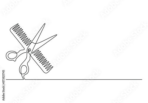 Scissor and comb continuous one line drawing vector illustration. Pro vector