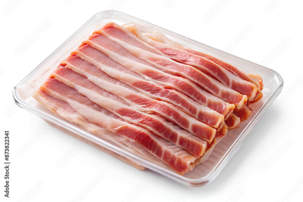Bacon in plastic pack isolated. on isolate white background, Clipping path Bacon in plastic pack isolated. on isolate white background, Clipping path