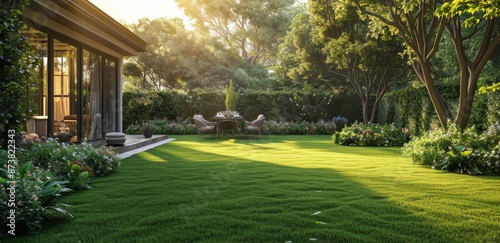 Sunny Morning Patio and Lush Green Backyard Landscape