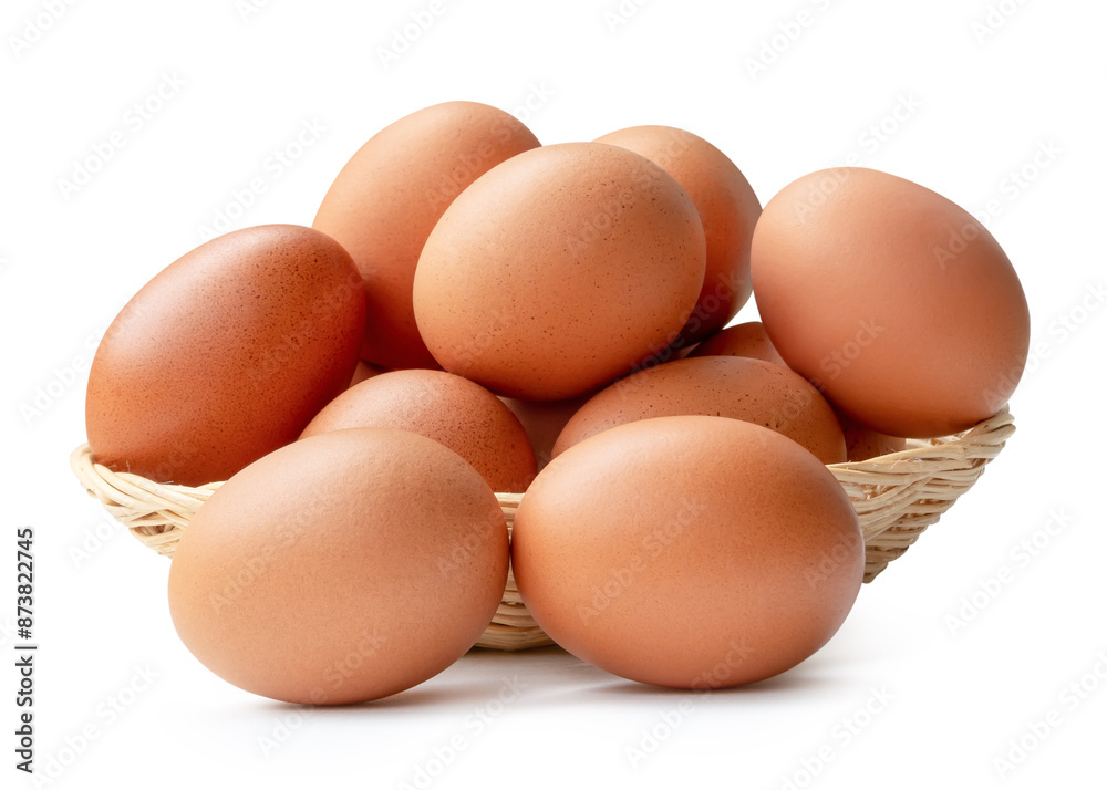 Front view of fresh brown chicken eggs in stack in wicker basket isolated on white background with clipping path Front view of fresh brown chicken eggs in stack in wicker basket isolated on white background with clipping path