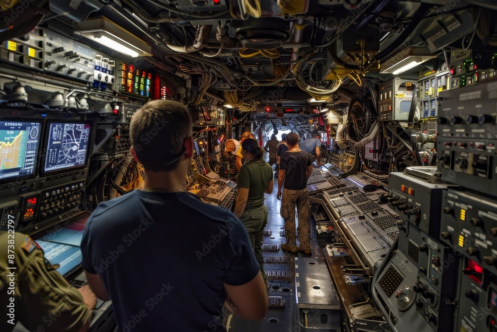 A group of men standing inside a busy control room on an aircraft carrier, An aircraft carrier interior bustling with activity as crew members work on flight decks and operate radar systems