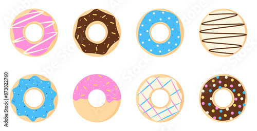 Various types of donuts colorful glaze and chocolate collection flat illustration sticker decoration printable