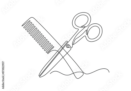 Scissor and comb continuous one line drawing vector illustration. Pro vector