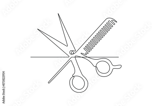 Scissor and comb continuous one line drawing vector illustration. Pro vector