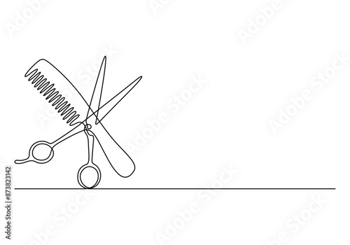 Scissor and comb continuous one line drawing vector illustration. Pro vector