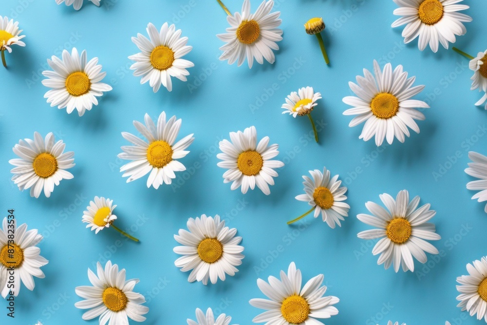 White daisies with yellow centers arranged on a pastel blue backdrop