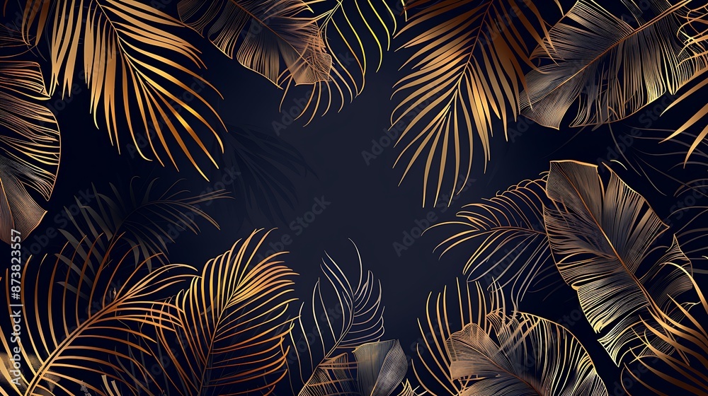 Dark background with transparent leaves of tropical plants in golden line style. Botanical art poster for design of print, banner, textile, wallpaper, interior design, packaging. Generative Ai Dark background with transparent leaves of tropical plants in golden line style. Botanical art poster for design of print, banner, textile, wallpaper, interior design, packaging. Generative Ai