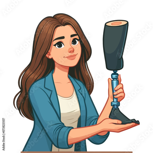 Vector illustration of a woman holding a prosthetic leg, symbolizing medical advancement and support for amputees.
