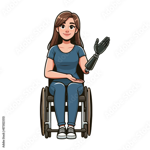 Vector illustration of a woman in a wheelchair with a prosthetic arm, symbolizing strength and mobility.