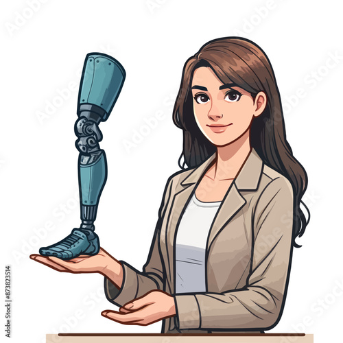  Vector illustration of a woman in a blazer holding a prosthetic leg, symbolizing medical advancement.