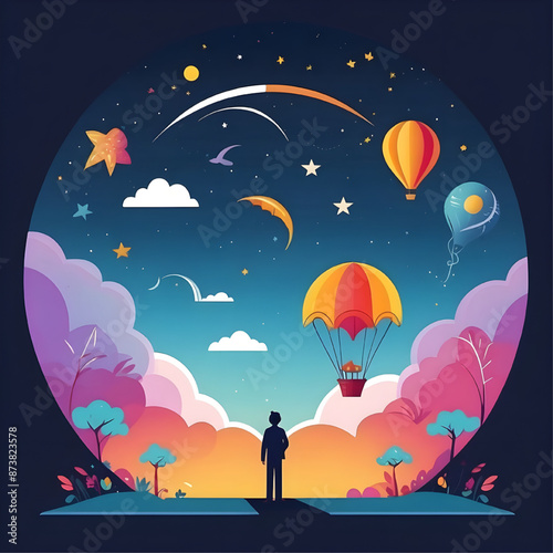 Reaching for the Stars: A man stands on a hilltop, gazing up at a sky filled with hot air balloons and stars, symbolizing the limitless possibilities and dreams that lie ahead.  