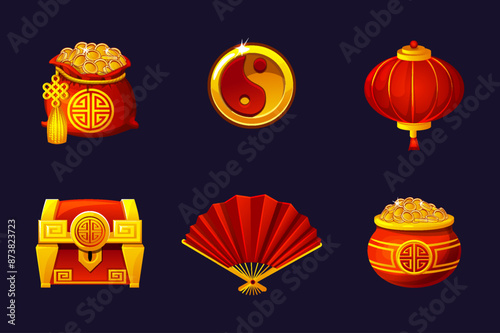 Set of Chinese golden-red icons. Chinese bag with coins, Yin Yan coin, red fan, lantern, Chinese pot, and treasure chest for your designs or 2D games
