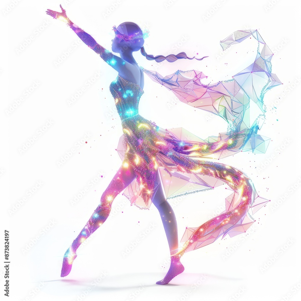 Obraz premium 3D Render, Low Poly style of an aurora elemental fairy with shimmering lights and vivid colors dancing across, on isolated white background, Generative AI