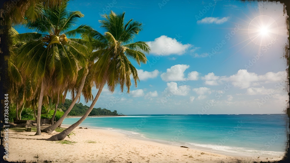 Fototapeta premium Tropical sandy beach with palm trees, vintage tone, film distress flare