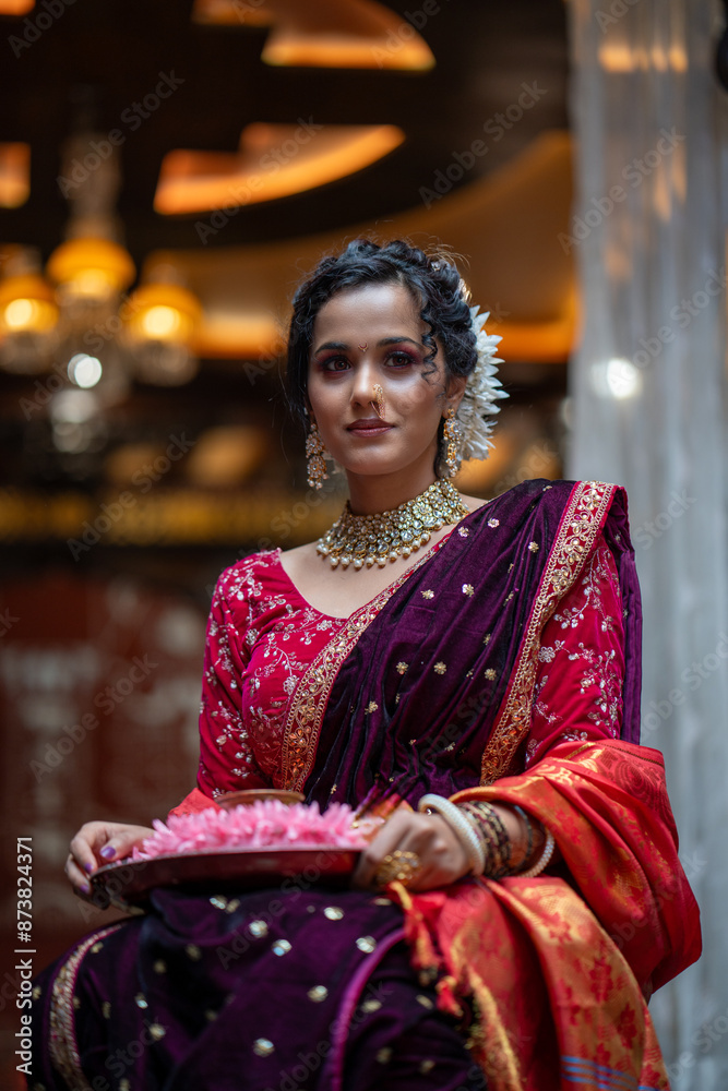 Traditional Marathi Woman with Pooja Thali, Radiating Joy and Cultural Grace Traditional Marathi Woman with Pooja Thali, Radiating Joy and Cultural Grace