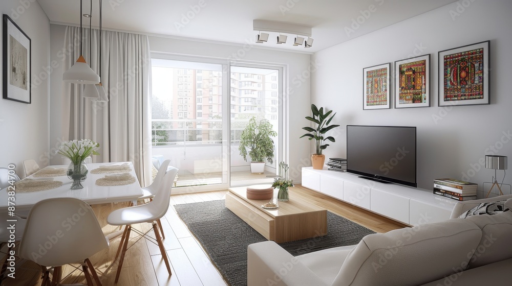 Fototapeta premium Scandinavian living rooms are characterized by simplicity, functionality, and comfort. They feature white tones, light woods, and vibrant accents for a cozy atmosphere. 