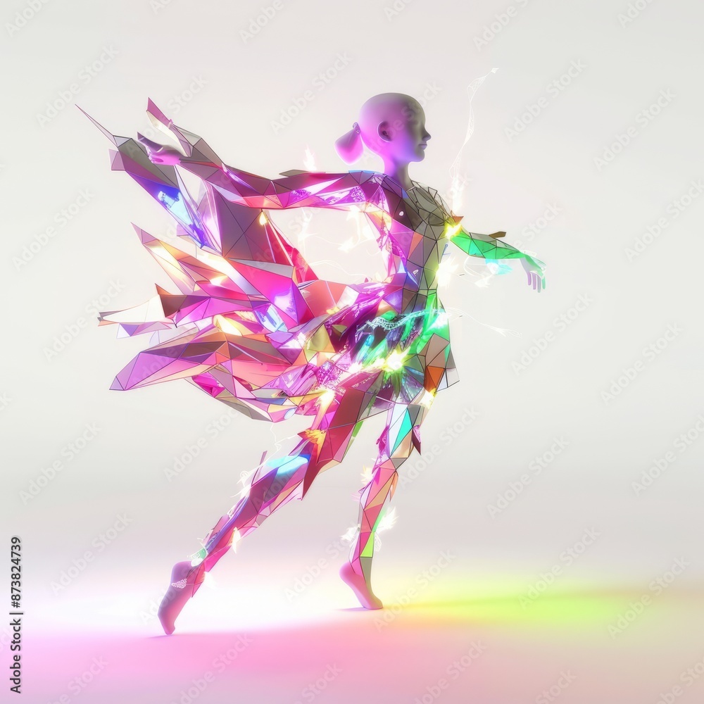 Obraz premium 3D Render, Low Poly style of an aurora elemental fairy with shimmering lights and vivid colors dancing across, on isolated white background, Generative AI