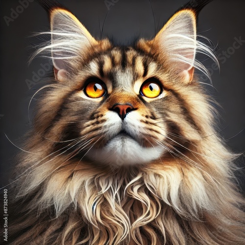 A Maine Coon cat with majestic fur and expressive golden eyes