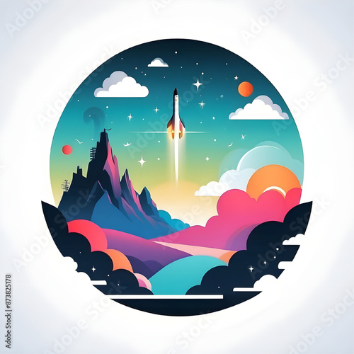 Cosmic Launch: A vibrant illustration depicting a rocket taking off into a colorful night sky, with a mountain range and clouds in the foreground, signifying the boundless possibilities of space