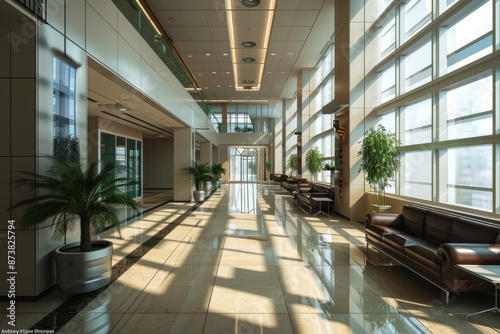 Wallpaper Mural Lobby of an office or medical institution AI generated image, A long hallway with numerous windows and chairs, AI generated Torontodigital.ca