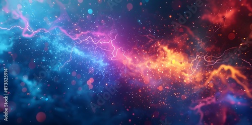 Abstract background with colorful lightning and thunder, vibrant electric storm in red blue yellow orange colors
