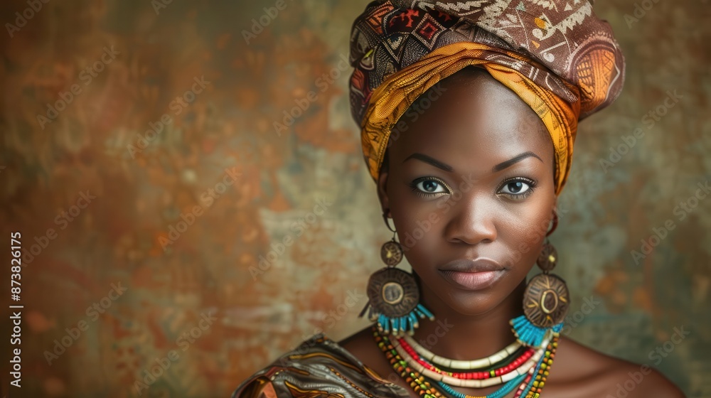 regal african woman portrait intricate headwrap vibrant ethnic jewelry confident gaze rich earthtoned background regal african woman portrait intricate headwrap vibrant ethnic jewelry confident gaze rich earthtoned background