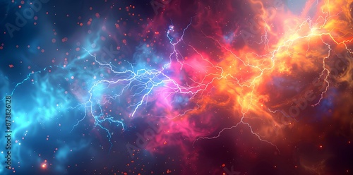 Abstract background with colorful lightning and thunder, vibrant electric storm in red blue yellow orange colors © Davy
