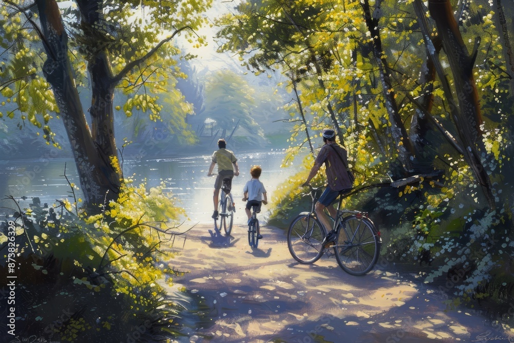 Fototapeta premium Two individuals on bicycles, riding down a path in a painting, An artistic rendering of a family biking together along a serene river path