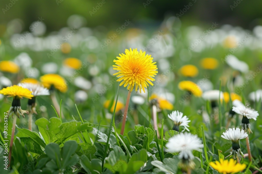 A vibrant dandelion stands out in a softfocus meadow of white flowers A vibrant dandelion stands out in a softfocus meadow of white flowers