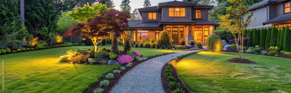 Modern Home With Stone Pathway and Garden Lights in Evening Modern Home With Stone Pathway and Garden Lights in Evening