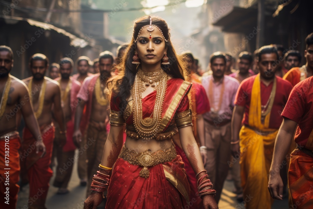 Navaratri procession with a single dancer leading the way Navaratri procession with a single dancer leading the way