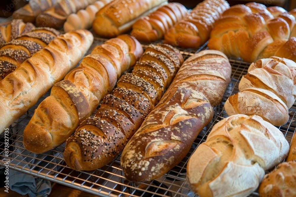 Various artisanal loaves and rolls are cooling on a rack, An assortment of artisanal loaves and rolls cooling on wire racks Various artisanal loaves and rolls are cooling on a rack, An assortment of artisanal loaves and rolls cooling on wire racks