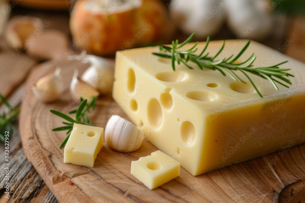 The porous appearance of the cheese block shows the texture and character of the dairy product. The porous appearance of the cheese block shows the texture and character of the dairy product.