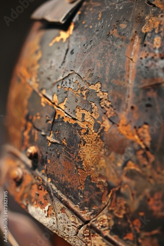 Scratches on an old, weathered helmet, showing the marks of past battles and adventures, Generative AI photo