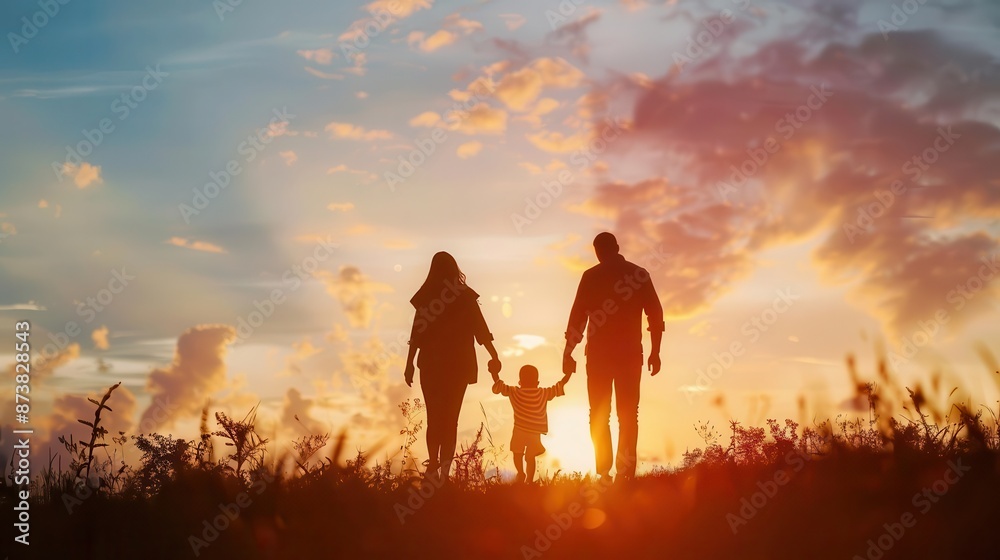 silhouette of a loving family of three holding hands against a warm sunset sky tender moment capturing the bond between parents and child serene and heartwarming scene silhouette of a loving family of three holding hands against a warm sunset sky tender moment capturing the bond between parents and child serene and heartwarming scene