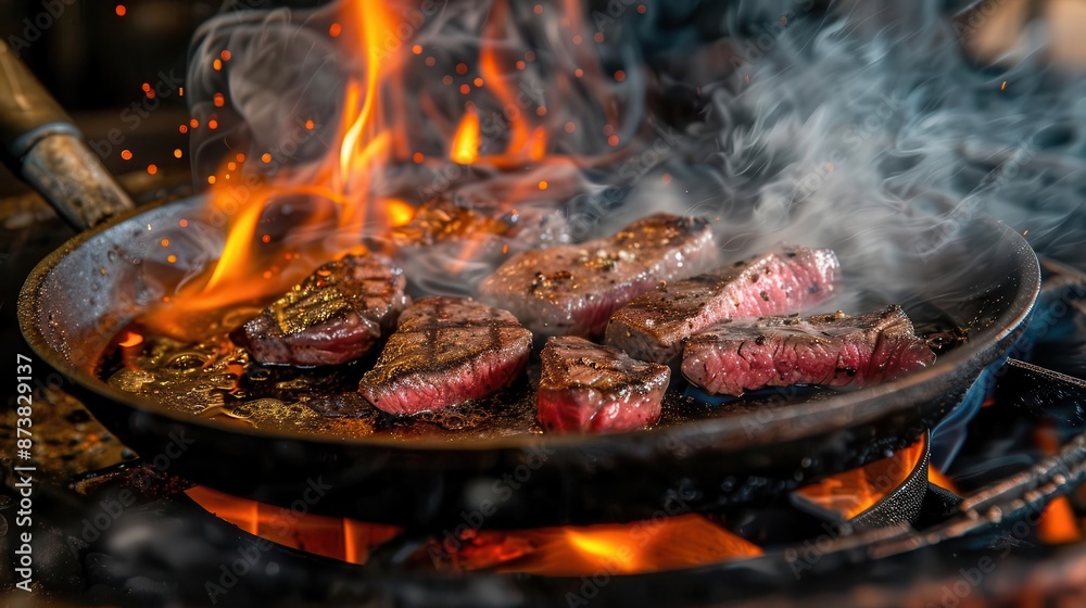 sizzling pan of marbled steak on a rustic woodfired stove flames licking the edges as aromatic smoke swirls capturing the primal essence of cooking sizzling pan of marbled steak on a rustic woodfired stove flames licking the edges as aromatic smoke swirls capturing the primal essence of cooking