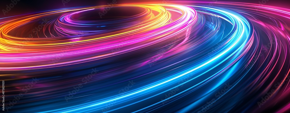 Design a modern abstract image featuring a series of overlapping, translucent rings with a neon color effect on a black background. The rings should create a sense of depth and movement, with sharp Design a modern abstract image featuring a series of overlapping, translucent rings with a neon color effect on a black background. The rings should create a sense of depth and movement, with sharp