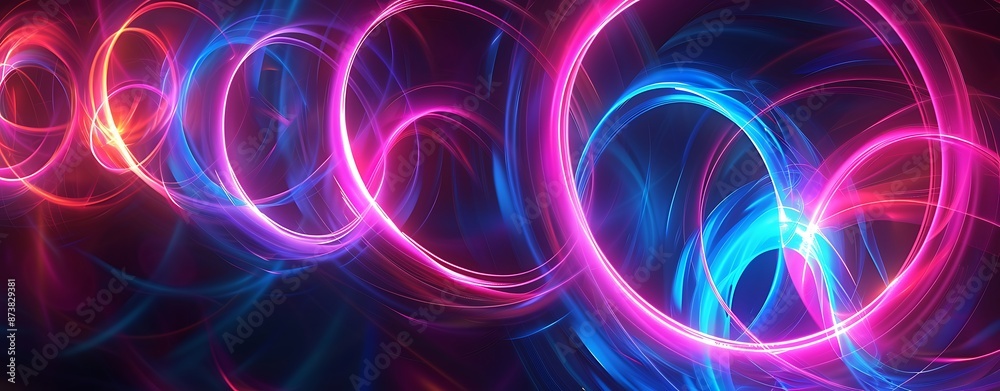 Design a modern abstract image featuring a series of overlapping, translucent rings with a neon color effect on a black background. The rings should create a sense of depth and movement, with sharp Design a modern abstract image featuring a series of overlapping, translucent rings with a neon color effect on a black background. The rings should create a sense of depth and movement, with sharp