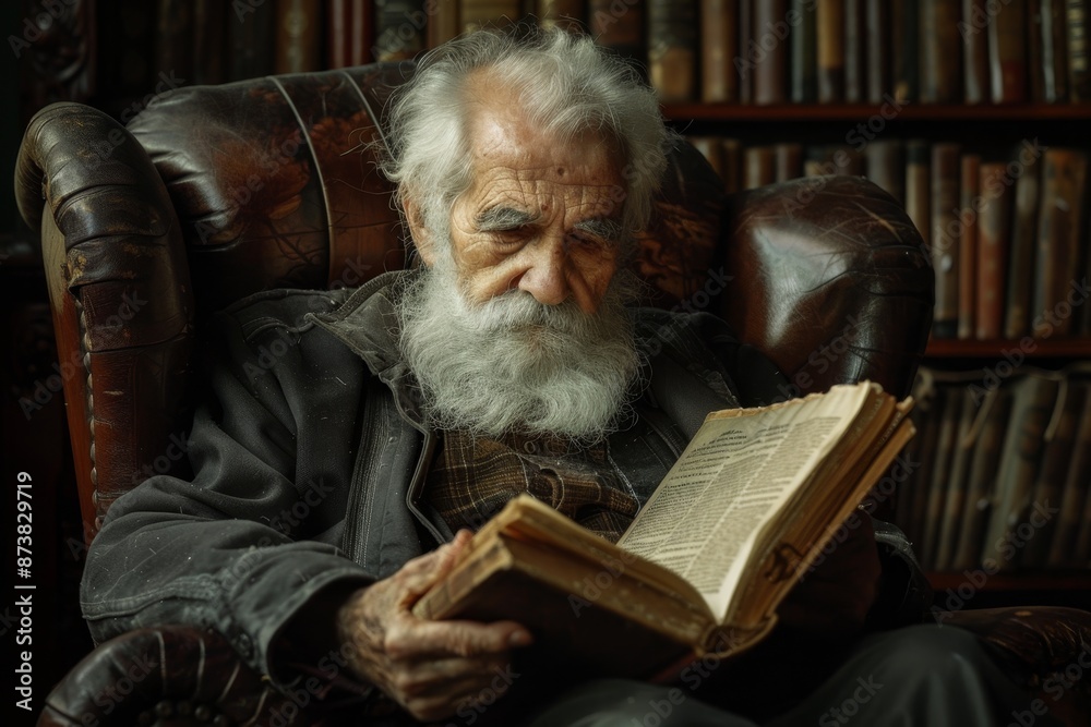 Old man with white beard reading book while sitting in chair, An elderly professor with a white beard, sitting in a leather armchair and reading a dusty old tome Old man with white beard reading book while sitting in chair, An elderly professor with a white beard, sitting in a leather armchair and reading a dusty old tome
