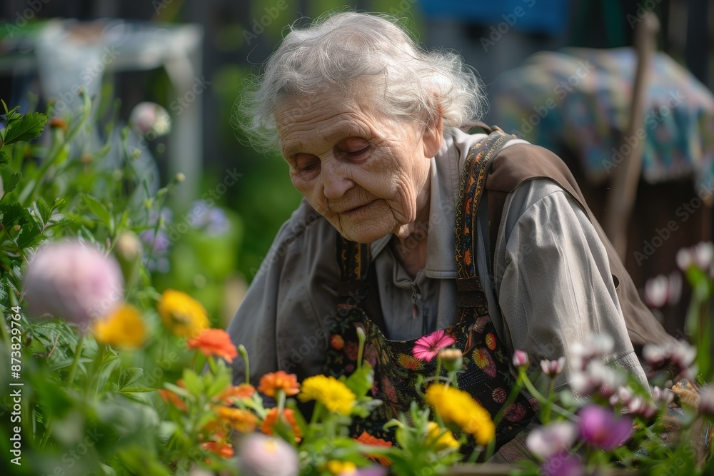 An elderly woman actively picking various flowers in a garden setting, An elderly woman gardening in her backyard, surrounded by blooming flowers An elderly woman actively picking various flowers in a garden setting, An elderly woman gardening in her backyard, surrounded by blooming flowers