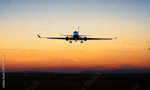 Passenger airplane take off against the backdrop of colorful evening skies, symbolizing the concept of exploration, freedom, and the beginning of a journey
