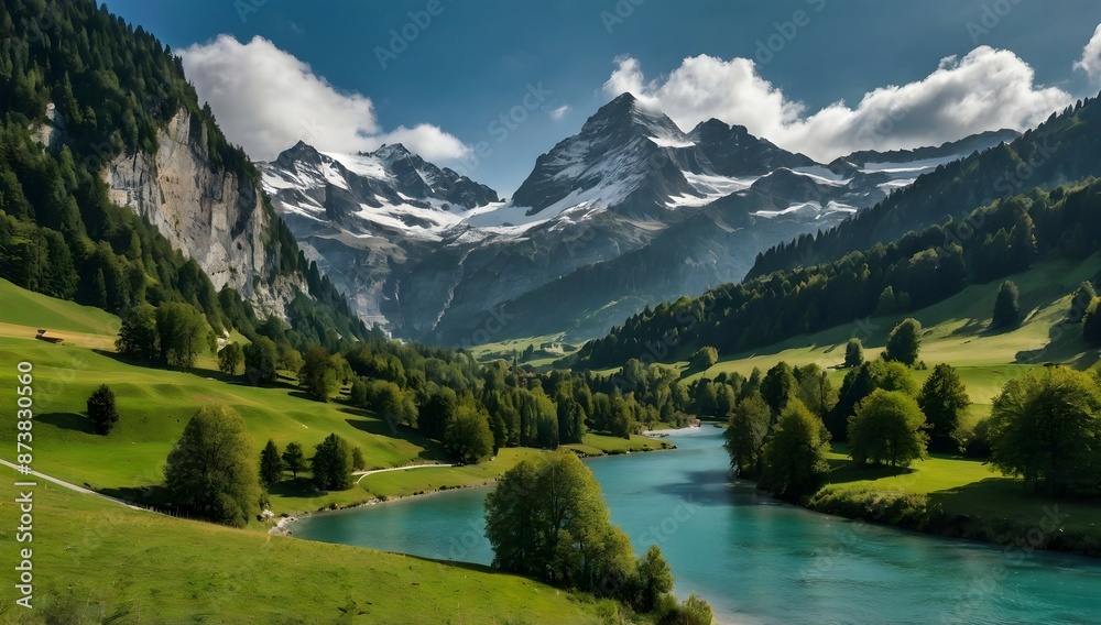 Fototapeta premium wide side view, mountain, forrest landscape, lake and waterfall, valley with fields, switzerland inspiration, 4K, nikon d5600 photography