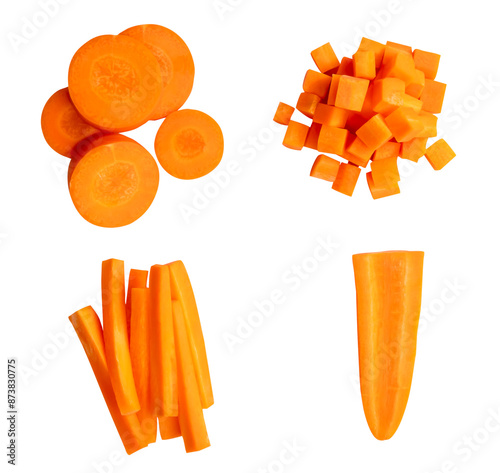 Top view set of orange carrot slices in circle and cube shape in stack isolated with clipping path in png file format