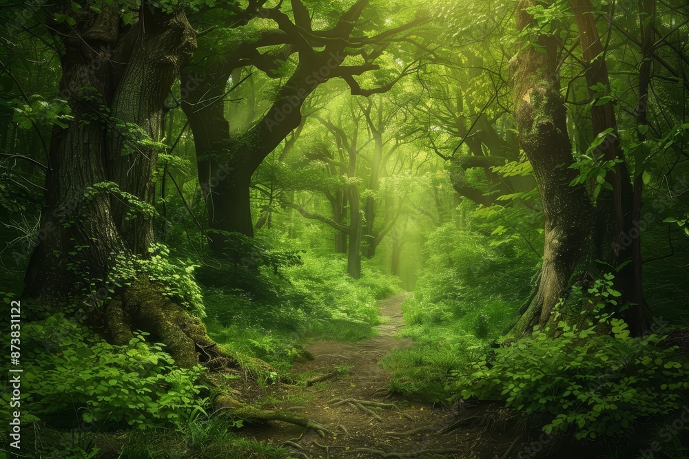 Fototapeta premium A path winds its way through a lush green forest filled with towering trees, An enchanted forest with towering trees and magical creatures hidden among the lush greenery