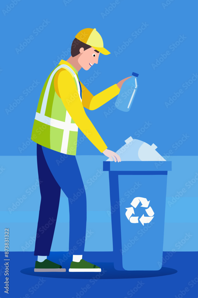 Flat vector illustration of a worker recycling a plastic bottle into a blue recycling bin. Flat vector illustration of a worker recycling a plastic bottle into a blue recycling bin.