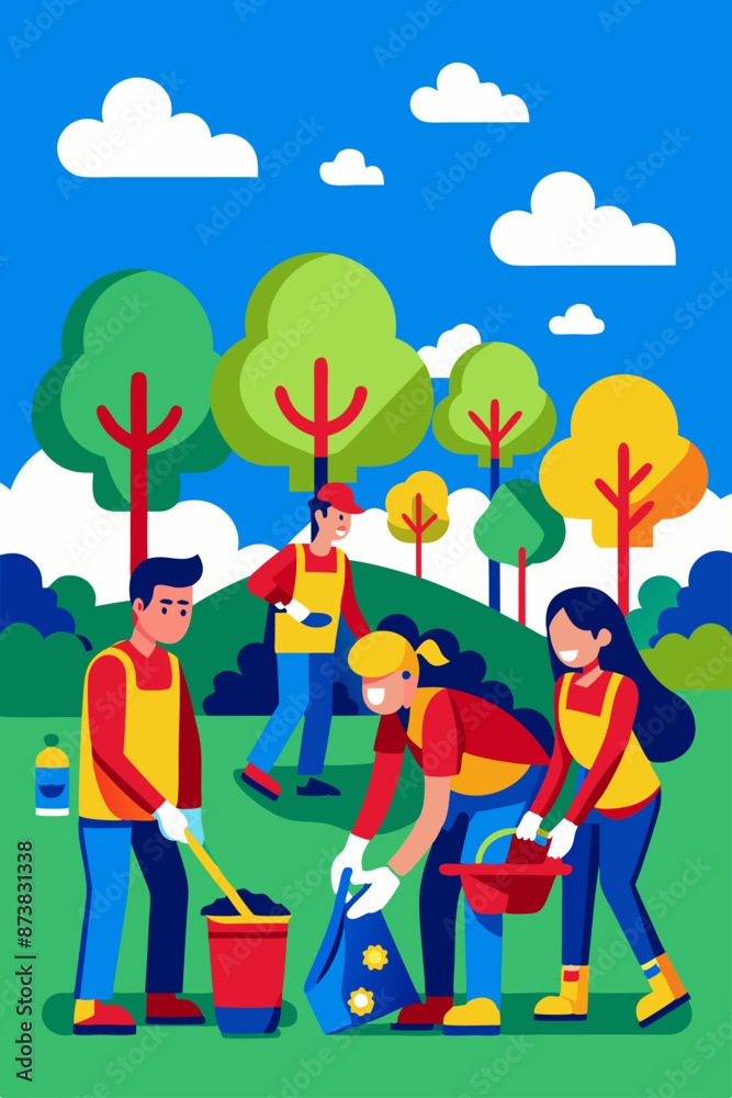 Flat vector illustration of a team of volunteers cleaning a park, picking up trash and planting trees.